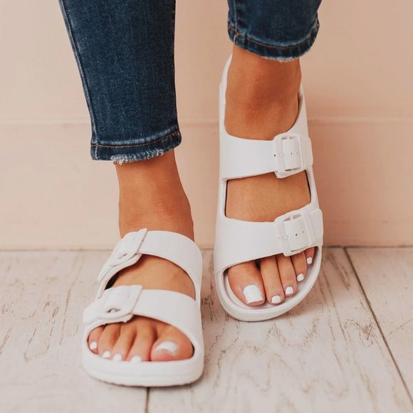 Qupid Shoes - NEW Adjustable Double Buckled Straps Comfy Slip On Slides Slippers Sandals White